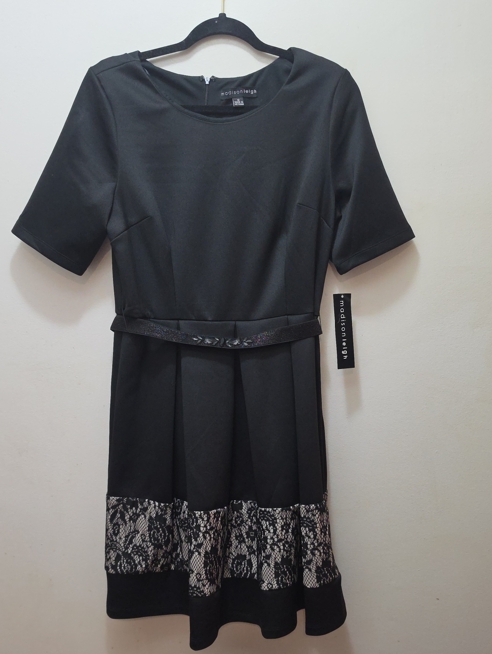 Madison Leigh Black Short-Sleeve Dress with Lace Hem